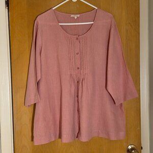 Eileen Fisher 100% Organic Linen Button Up Tunic Top Womens 1X Pink Cottagecore